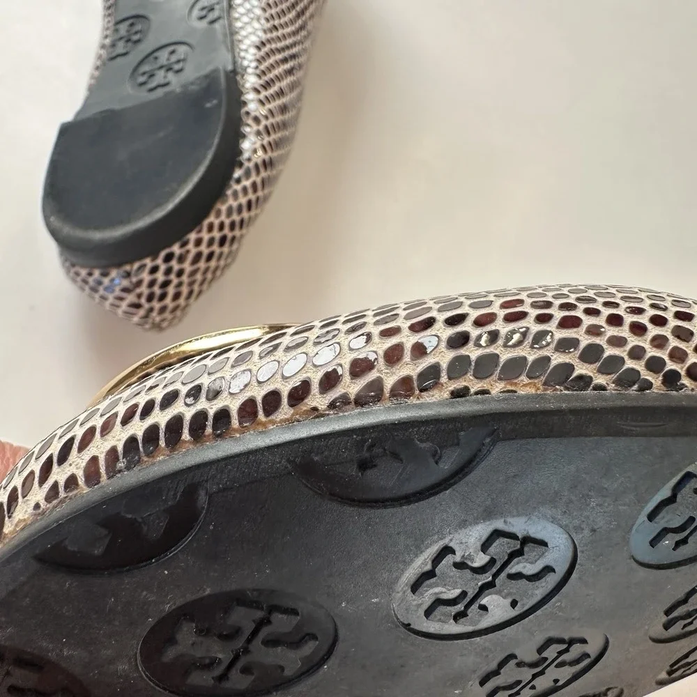 Tory Burch Ballet Flats Womens Gold Snake Print Leather Upper Shoes Size 7 M *R*